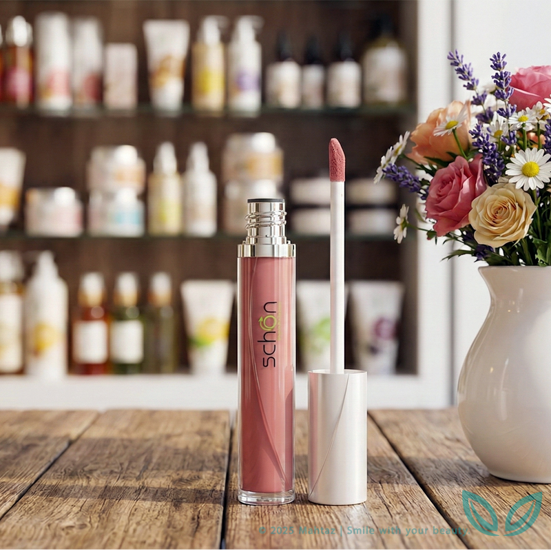 رژ لب مایع شون Amazing Shiny روی میز آرایشی در یک نمای مینیمال